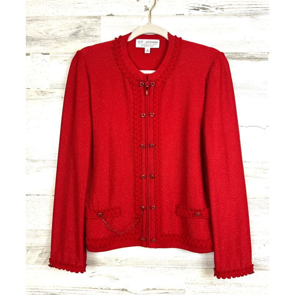 St. John Womens 10 Red Knit Wool Crochet Zip Front Designer Crochet Jacket NEW